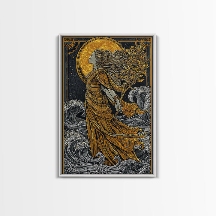 Moonlit Goddess Canvas Gold Canvas Print, Flowing Mythology Wall Art, Timeless Greek Fantasy Decor, Real Wood Frame