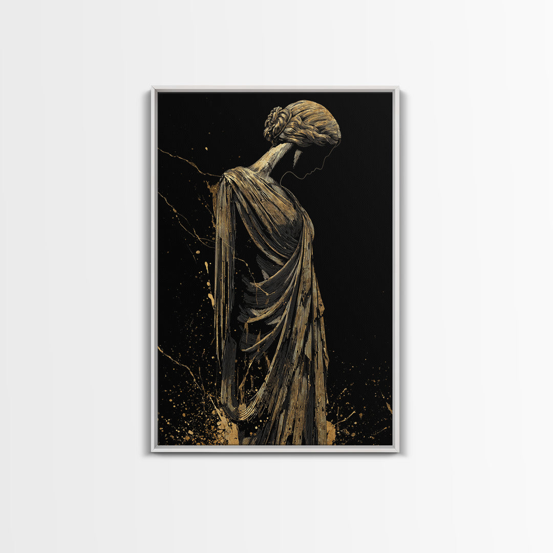 Grecian Muse Silhouette Canvas Gold Canvas Print, Elegant Greek Goddess Art, Minimalist Luxury Wall Decor, Real Wood Frame