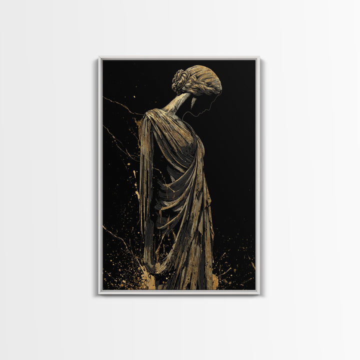 Grecian Muse Silhouette Canvas Gold Canvas Print, Elegant Greek Goddess Art, Minimalist Luxury Wall Decor, Real Wood Frame