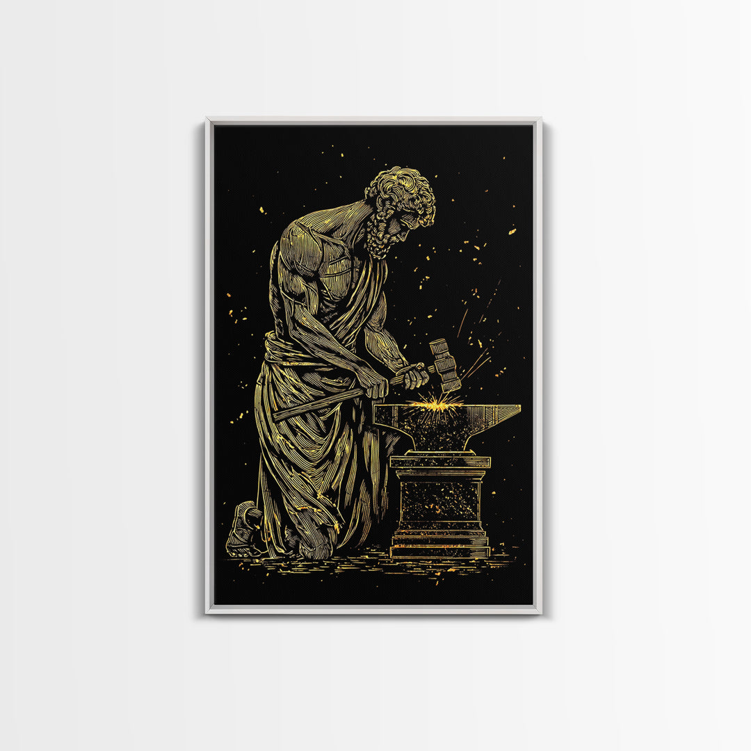 Hephaestus At Forge Canvas Gold Canvas Print, Greek God Blacksmith Art, Strong Mythology Wall Decor, Real Wood Frame