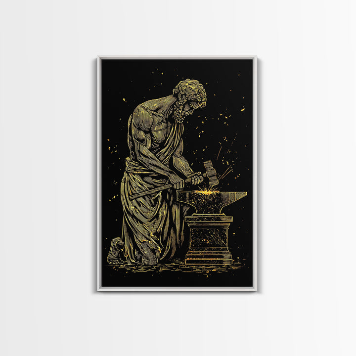 Hephaestus At Forge Canvas Gold Canvas Print, Greek God Blacksmith Art, Strong Mythology Wall Decor, Real Wood Frame