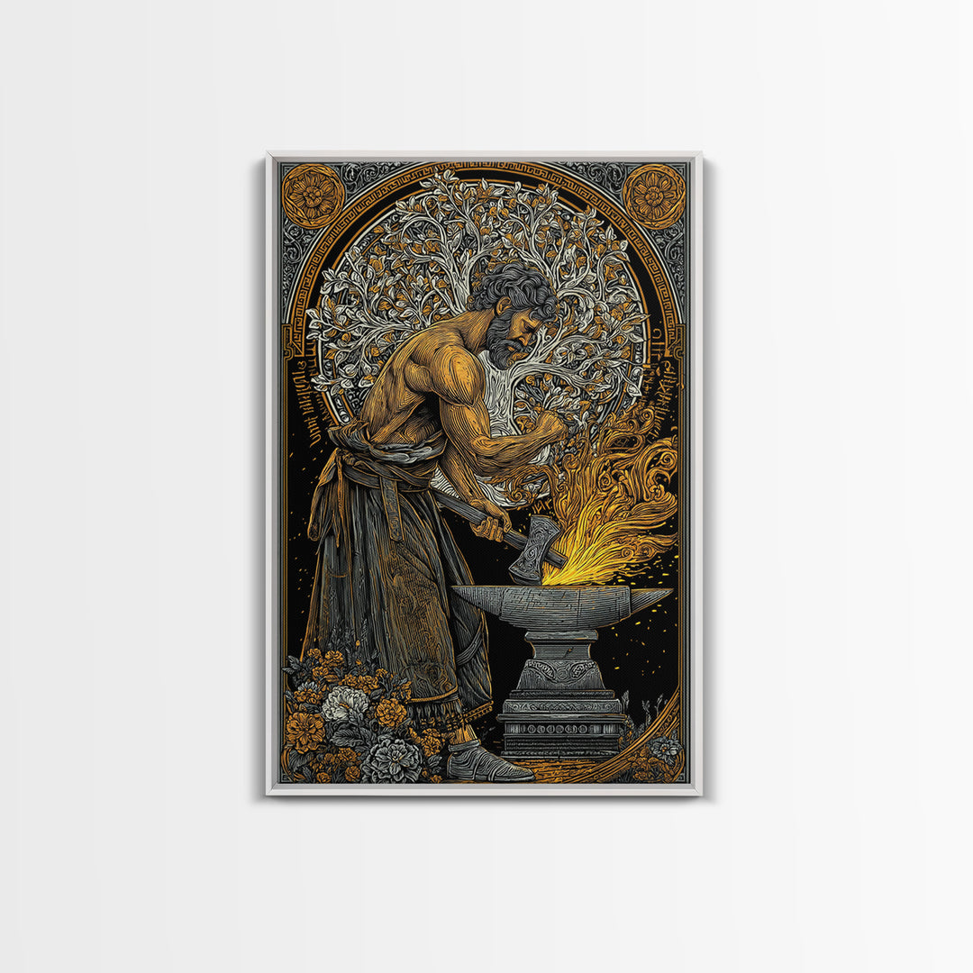 Mythical Forge Master Canvas Gold Canvas Print, Ancient Greek Hephaestus Art, Dramatic Mythology Wall Decor, Real Wood Frame