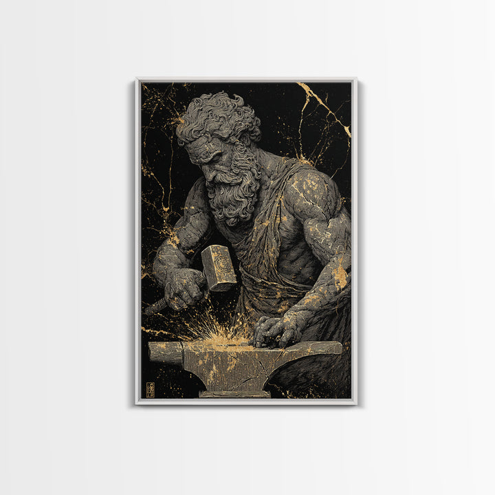 Greek God At Anvil Canvas Gold Canvas Print, Mythological Hephaestus Art, Classic Blacksmith Wall Decor, Real Wood Frame