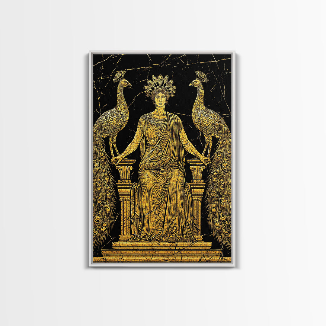 Greek Goddess Hera With Peacocks Canvas Gold Canvas Print, Mythology Wall Art, Luxury Wood Framed Art Decor