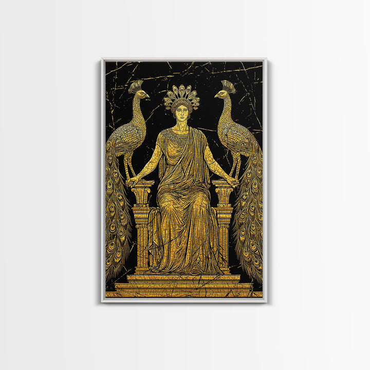 Greek Goddess Hera With Peacocks Canvas Gold Canvas Print, Mythology Wall Art, Luxury Wood Framed Art Decor