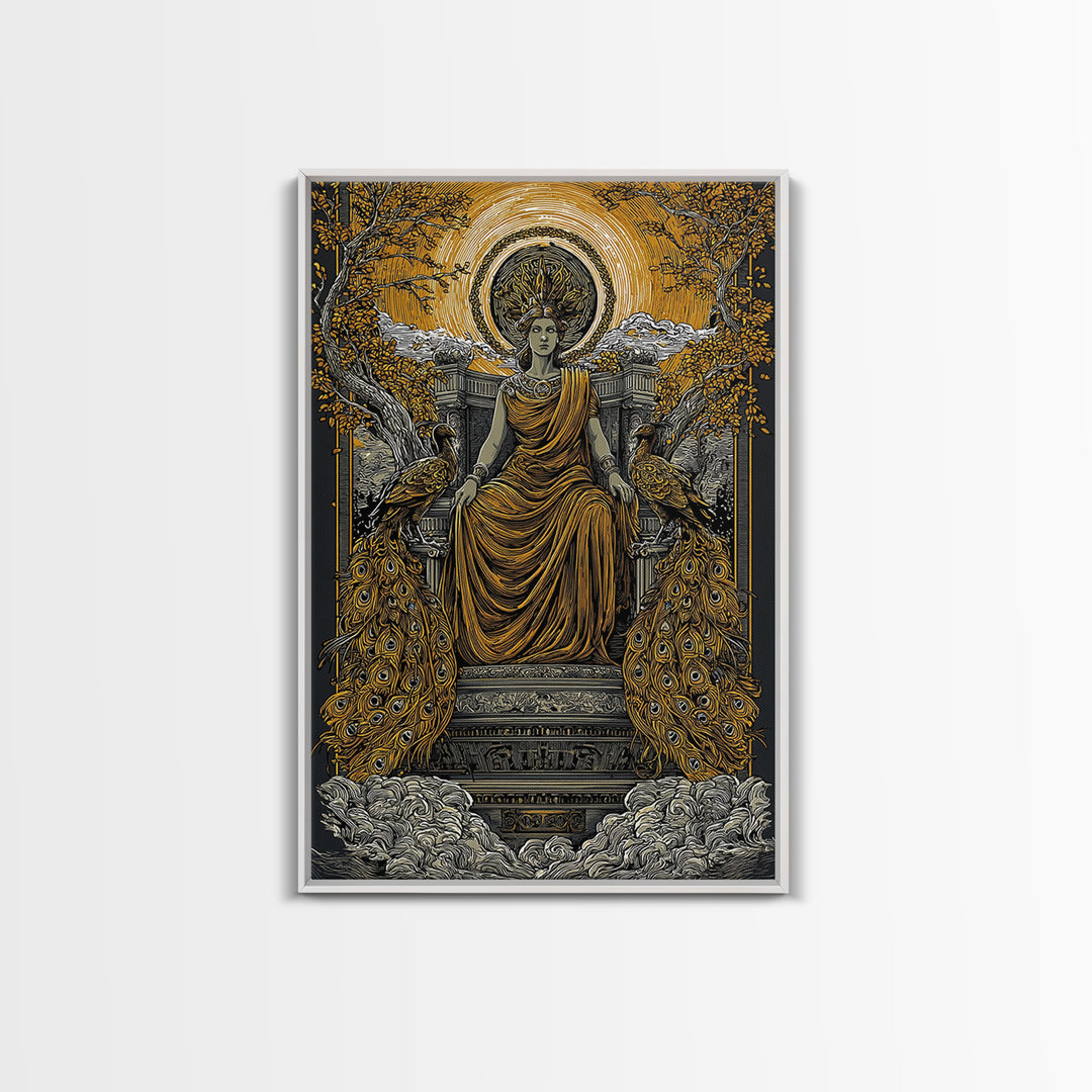 Divine Queen Hera Canvas Gold Canvas Print, Greek Goddess Wall Art, Regal Mythology Decor, Real Wood Frame Artwork