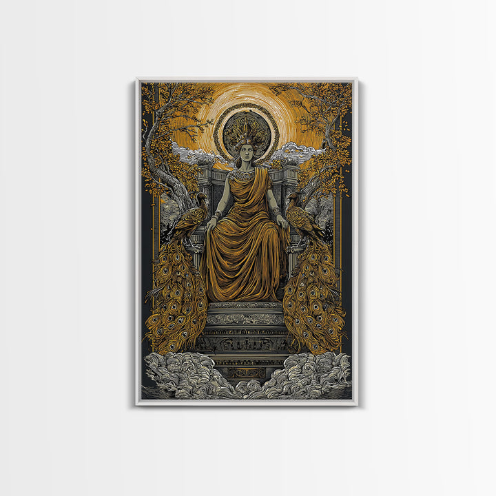 Divine Queen Hera Canvas Gold Canvas Print, Greek Goddess Wall Art, Regal Mythology Decor, Real Wood Frame Artwork
