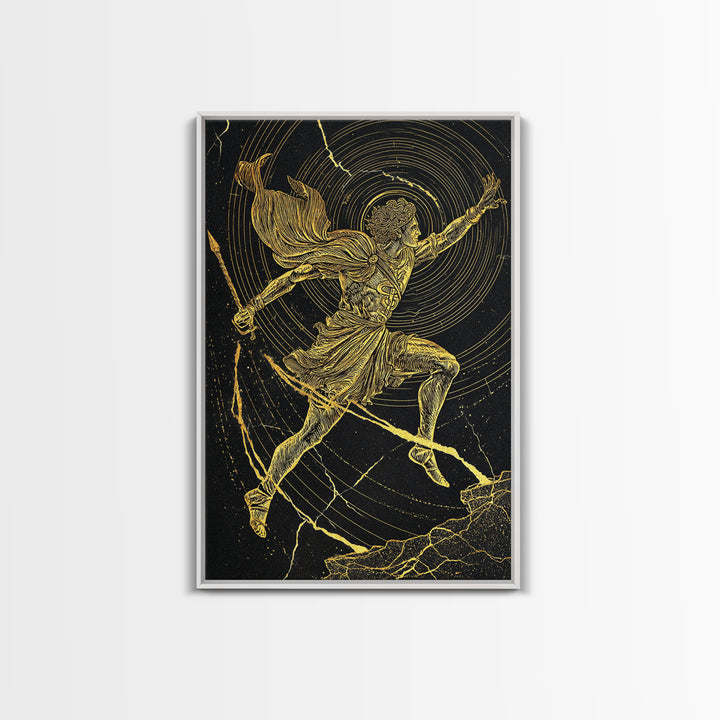 Hermes Running With Caduceus Canvas Gold Canvas Print, Greek God Art, Mythology Wall Decor, Luxury Wood Framed Print