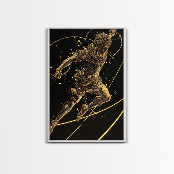 Hermes Leaping Canvas Gold Canvas Print, Greek God Wall Art, Divine Mythology Inspired Decor, Luxury Wood Framed Art