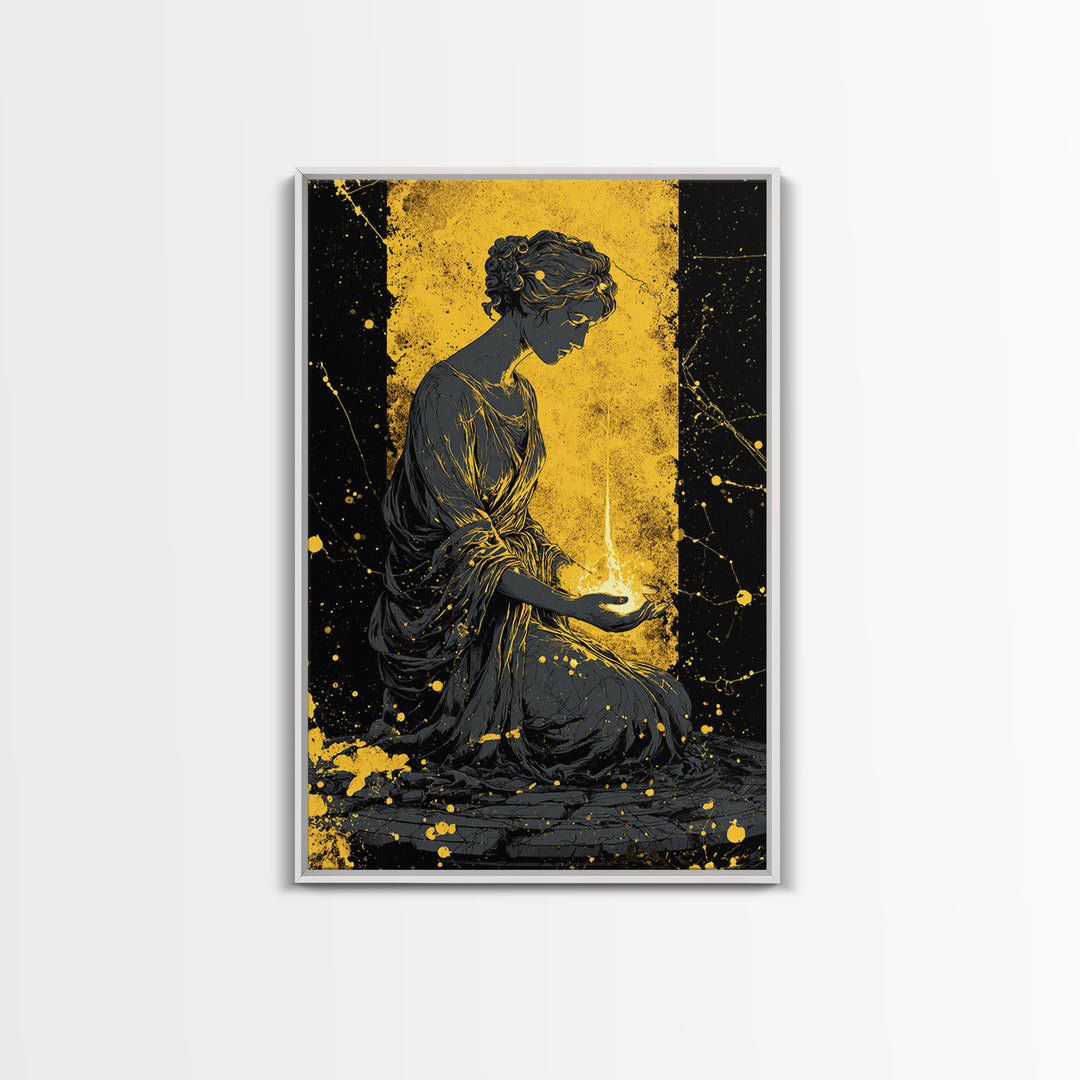 Greek Goddess Hestia With Flame Canvas Gold Canvas Print, Ancient Mythology Wall Art, Real Wood Frame Home Decor