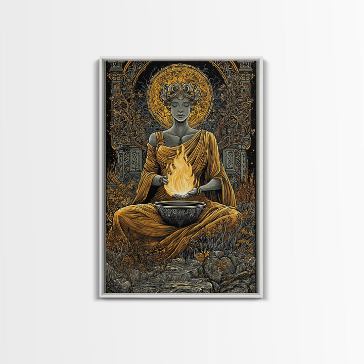 Hestia Goddess Of The Hearth Canvas Gold Canvas Print, Divine Fire Wall Art, Mythology Inspired Decor, Wood Frame Print