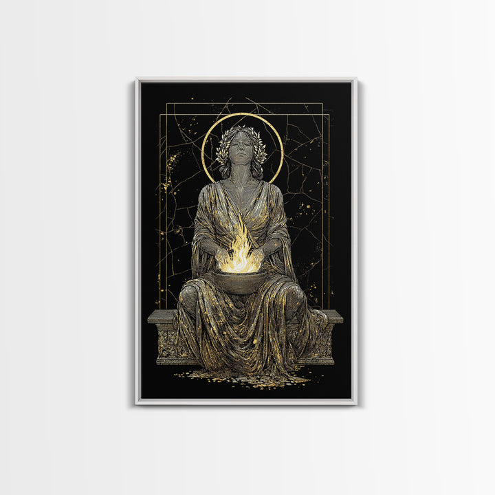 Sacred Flame Hestia Canvas Gold Canvas Print, Greek Goddess Wall Art, Ancient Mythology Decor, Luxury Wood Frame Artwork