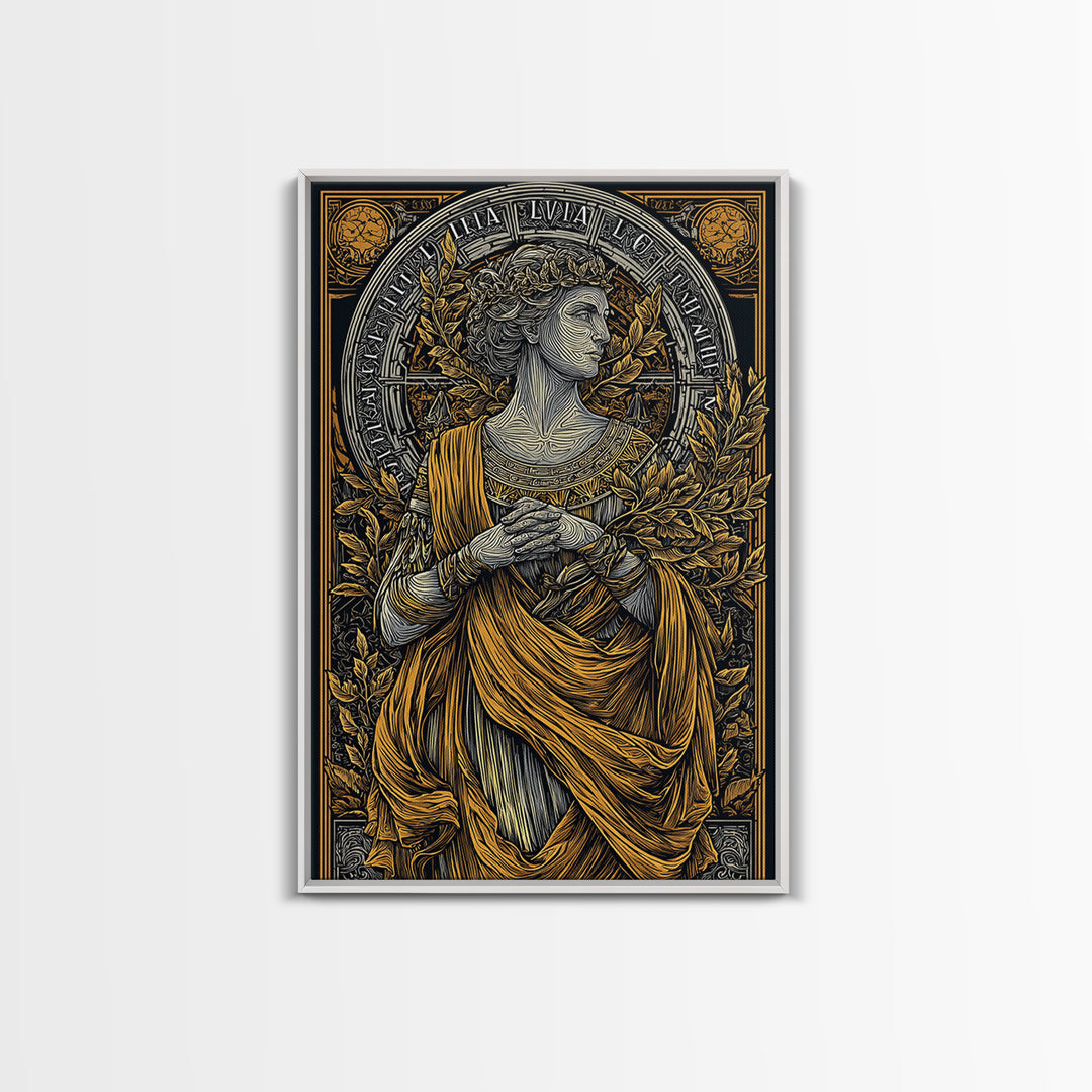 Greek Goddess Hestia With Fire Bowl, Mythology Canvas Gold Canvas Print, Ancient Goddess Wall Art, Real Wood Frame