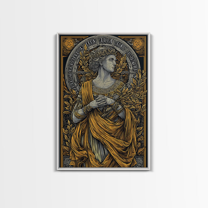 Greek Goddess Hestia With Fire Bowl, Mythology Canvas Gold Canvas Print, Ancient Goddess Wall Art, Real Wood Frame