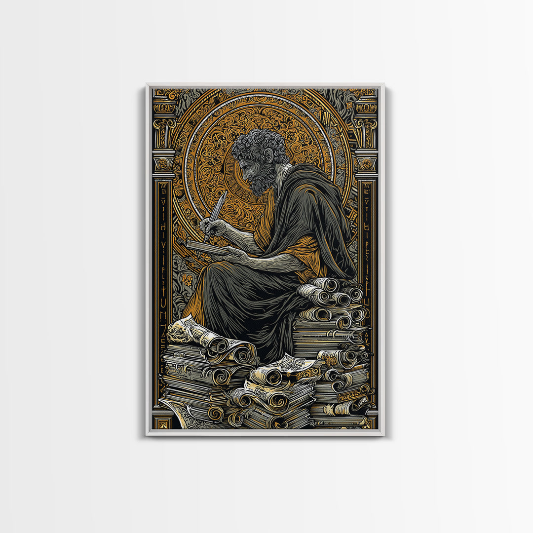 Canvas Gold Canvas Print, Ancient Philosopher Writing Art, Greek Scholar Wall Decor, Mythology Artwork, Real Wood Frame