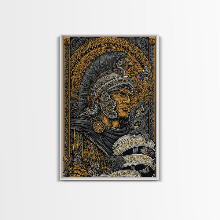 Canvas Gold Canvas Print, Warrior Helmet Roman Soldier Art, Ancient Military Wall Decor, Classical Artwork, Real Wood Frame