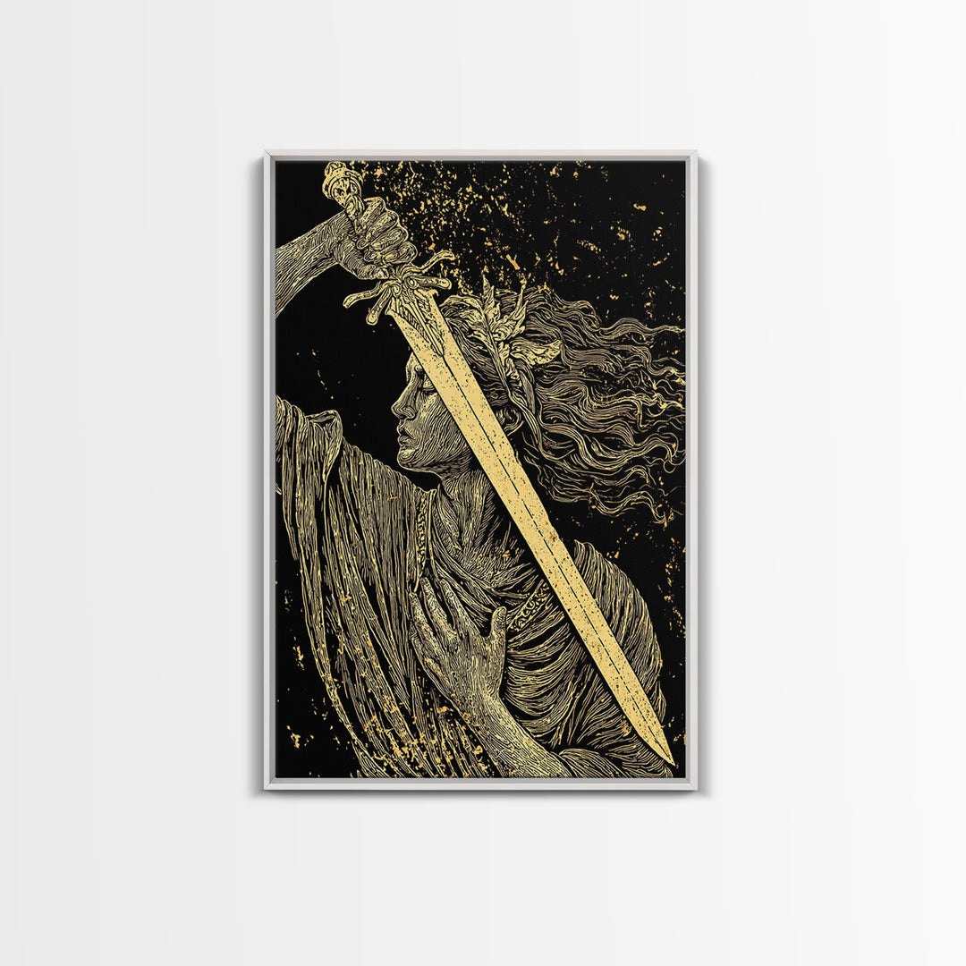 Canvas Gold Canvas Print, Goddess With Sword Art, Greek Mythology Warrior Wall Decor, Divine Strength Artwork, Real Wood Frame