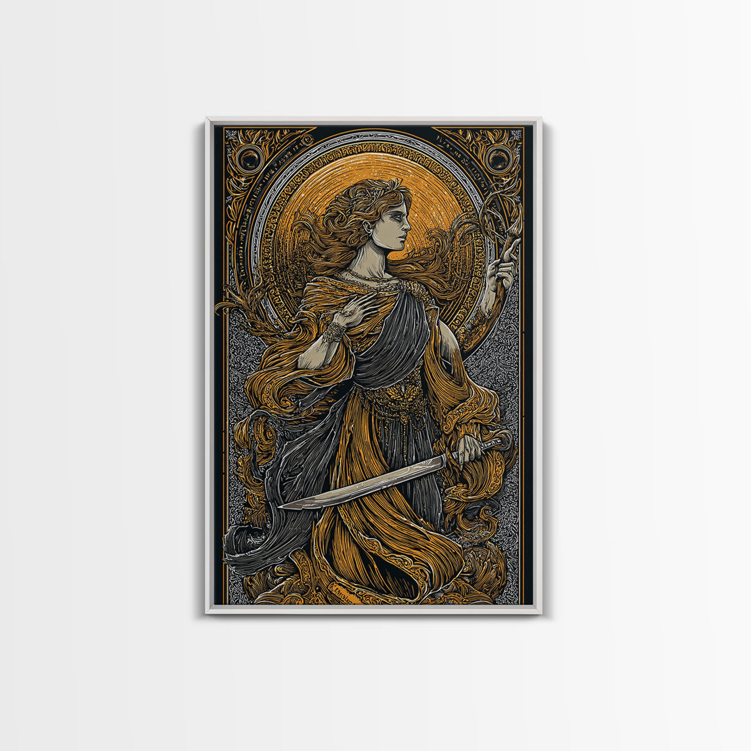 Canvas Gold Canvas Print, Mythical Goddess With Sword Art, Ancient Deity Wall Decor, Divine Feminine Strength Artwork, Real Wood Frame