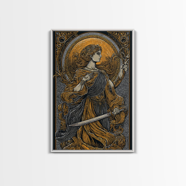 Canvas Gold Canvas Print, Mythical Goddess With Sword Art, Ancient Deity Wall Decor, Divine Feminine Strength Artwork, Real Wood Frame