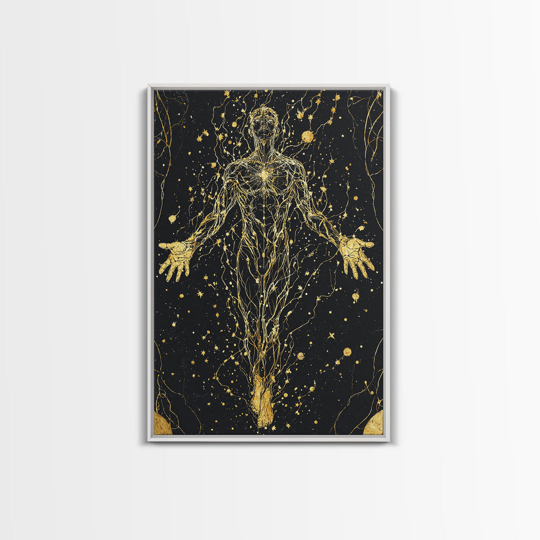 Canvas Gold Canvas Print, Cosmic Human Energy Lines Art, Spiritual Awakening Wall Decor, Astral Mythology Artwork, Real Wood Frame