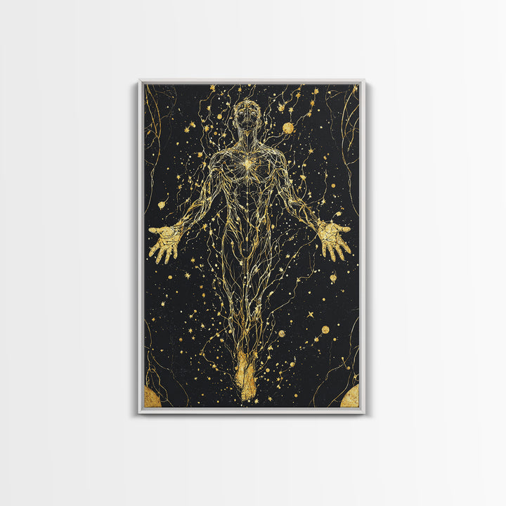 Canvas Gold Canvas Print, Cosmic Human Energy Lines Art, Spiritual Awakening Wall Decor, Astral Mythology Artwork, Real Wood Frame