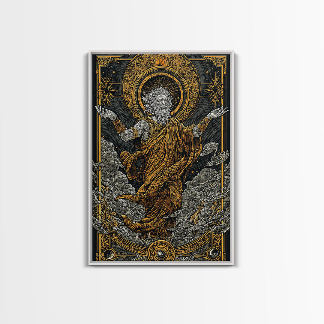Canvas Gold Canvas Print, Ancient God Ascension Art, Mythology Divine Figure Wall Decor, Celestial Power Artwork, Real Wood Frame