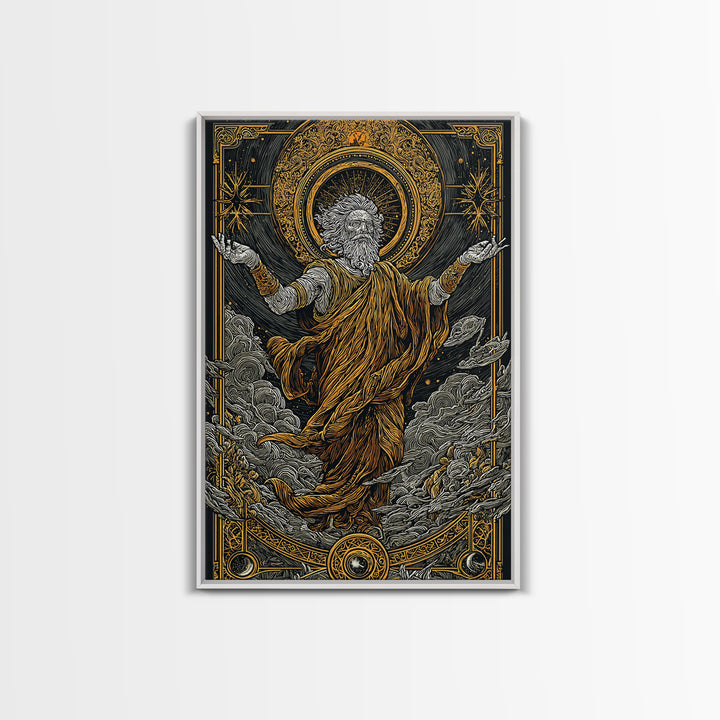 Canvas Gold Canvas Print, Ancient God Ascension Art, Mythology Divine Figure Wall Decor, Celestial Power Artwork, Real Wood Frame