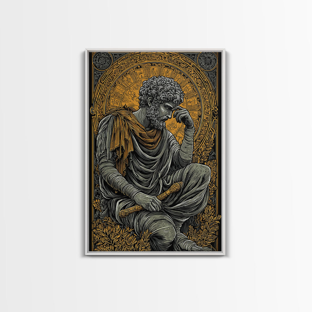 Canvas Gold Canvas Print, Greek Philosopher Statue Art, Ancient Wisdom Wall Decor, Classical Thinker Artwork, Real Wood Frame