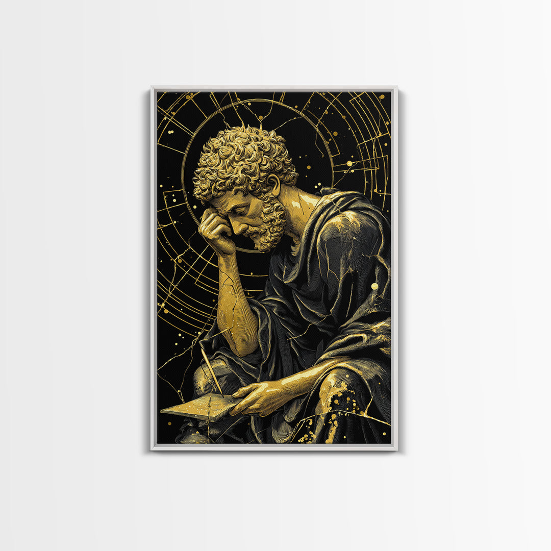 Canvas Gold Canvas Print, Pensive Philosopher Study Art, Ancient Scholar Wall Decor, Roman Thinker Artwork, Real Wood Frame
