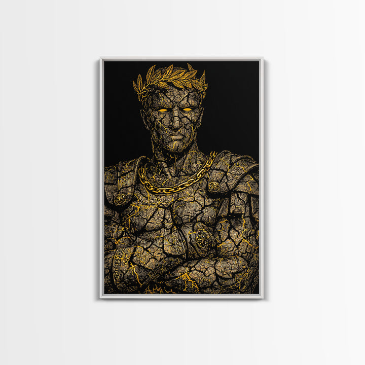 Roman Emperor Bust Canvas Gold Canvas Print, Mythology Wall Art, Regal Warrior Portrait, Classical Decor, Real Wood Frame