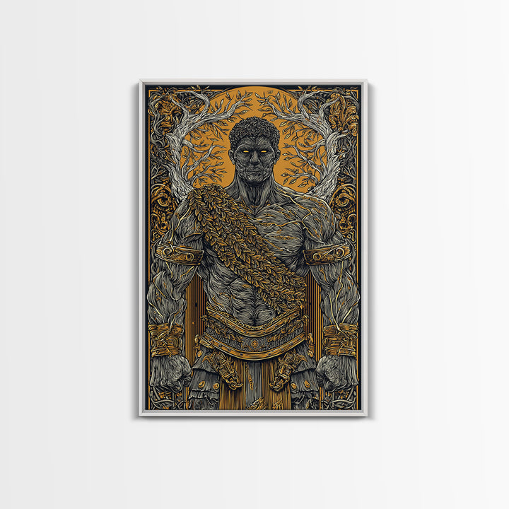 Roman Warrior Canvas Gold Canvas Print, Ancient Strength Wall Art, Mythology Inspired Decor, Luxury Home Accent, Real Wood Frame
