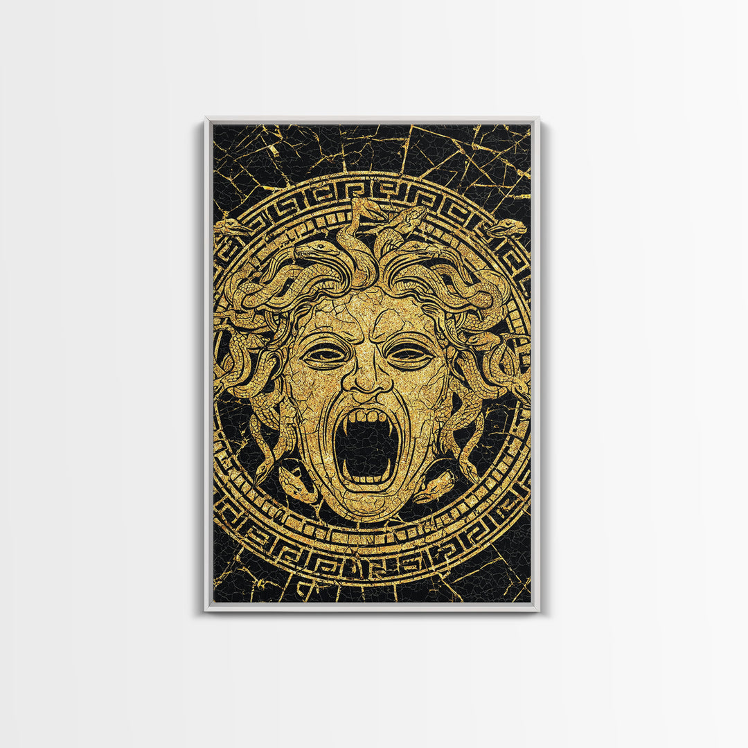 Medusa Head Canvas Gold Canvas Print, Mythology Wall Art, Snake Hair Monster Decor, Greek Legend Artwork, Real Wood Frame