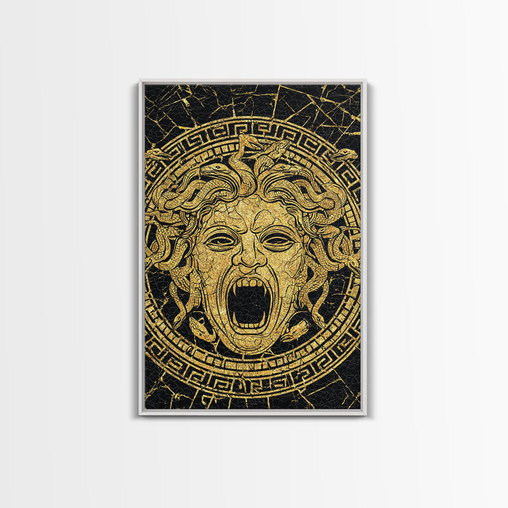 Medusa Head Canvas Gold Canvas Print, Mythology Wall Art, Snake Hair Monster Decor, Greek Legend Artwork, Real Wood Frame