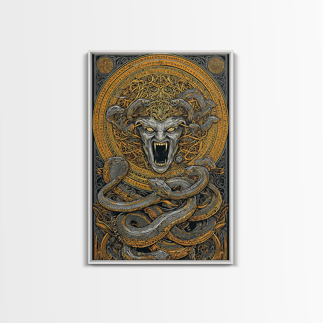 Medusa Serpent Canvas Gold Canvas Print, Mythology Wall Art, Fierce Gorgon Decor, Greek Goddess Inspired Artwork, Real Wood Frame