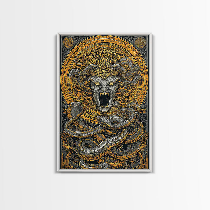 Medusa Serpent Canvas Gold Canvas Print, Mythology Wall Art, Fierce Gorgon Decor, Greek Goddess Inspired Artwork, Real Wood Frame