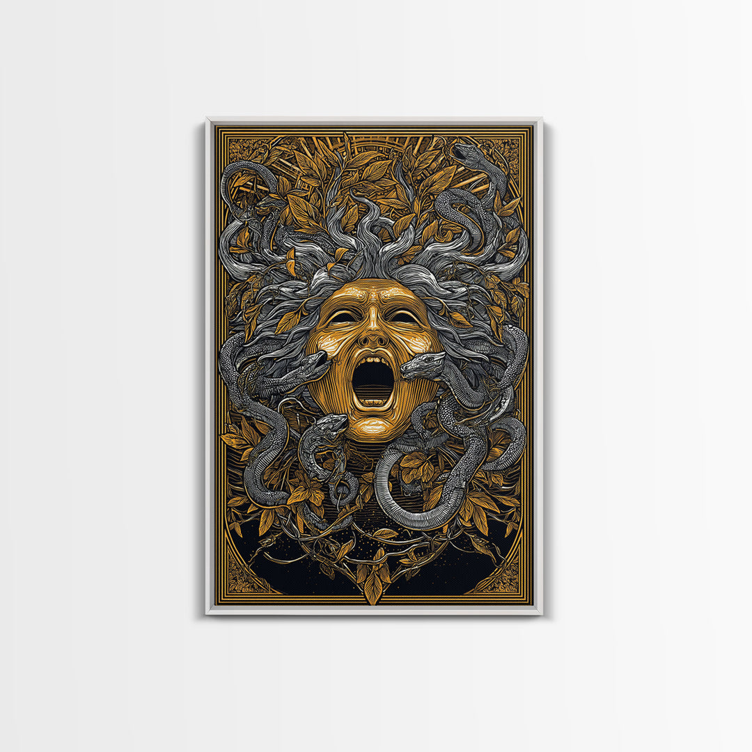 Medusa Mask Canvas Gold Canvas Print, Snake Hair Wall Art, Mythology Decor, Greek Gorgon Artwork, Intricate Myth Print, Real Wood Frame