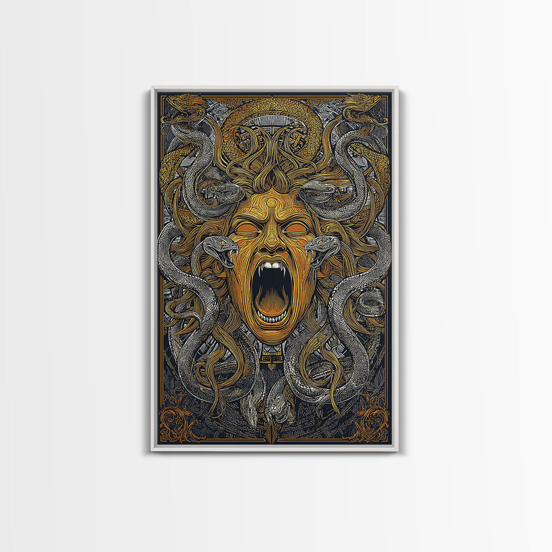 Medusa Snakes Canvas Gold Canvas Print, Mythology Wall Art, Fierce Gorgon Decor, Ancient Greek Inspired Artwork, Real Wood Frame