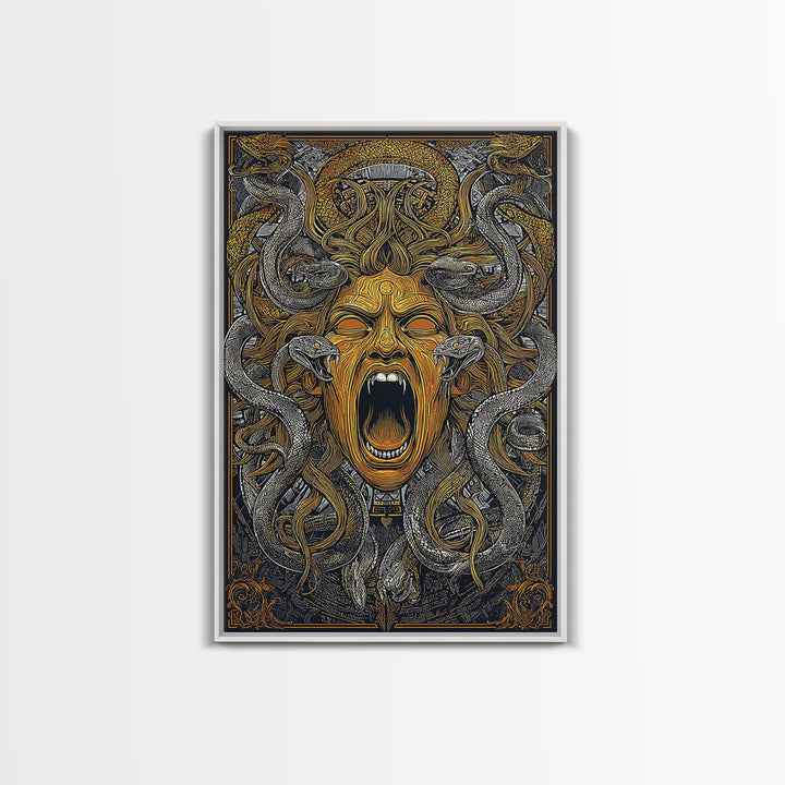 Medusa Snakes Canvas Gold Canvas Print, Mythology Wall Art, Fierce Gorgon Decor, Ancient Greek Inspired Artwork, Real Wood Frame