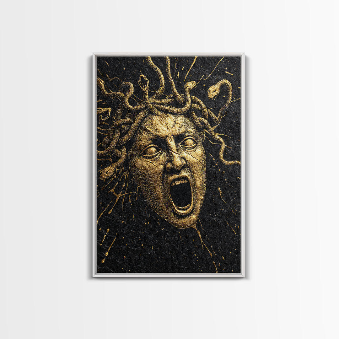 Medusa Face Canvas Gold Canvas Print, Mythology Wall Art, Serpent Haired Gorgon Decor, Dark Fantasy Greek Artwork, Real Wood Frame