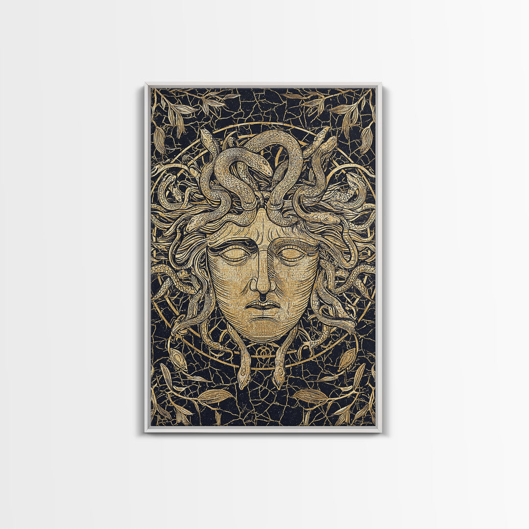 Medusa Head Canvas Gold Art, Mythology Wall Print, Snake Hair Decor, Fierce Ancient Greek Gorgon Artwork, Real Wood Frame