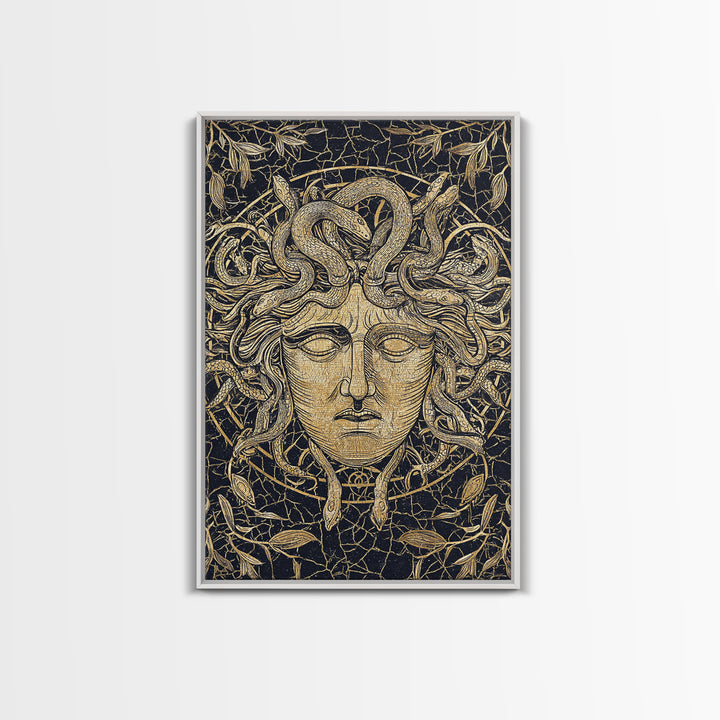Medusa Head Canvas Gold Art, Mythology Wall Print, Snake Hair Decor, Fierce Ancient Greek Gorgon Artwork, Real Wood Frame