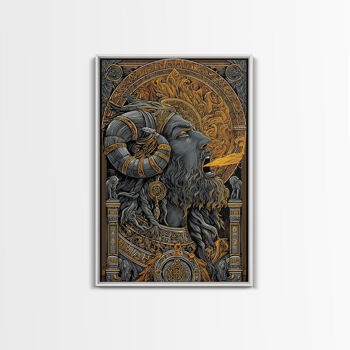 Horned God Canvas Gold Canvas Print, Mythology Wall Art, Fire Breathing Deity Decor, Pagan Inspired Spiritual Artwork, Real Wood Frame