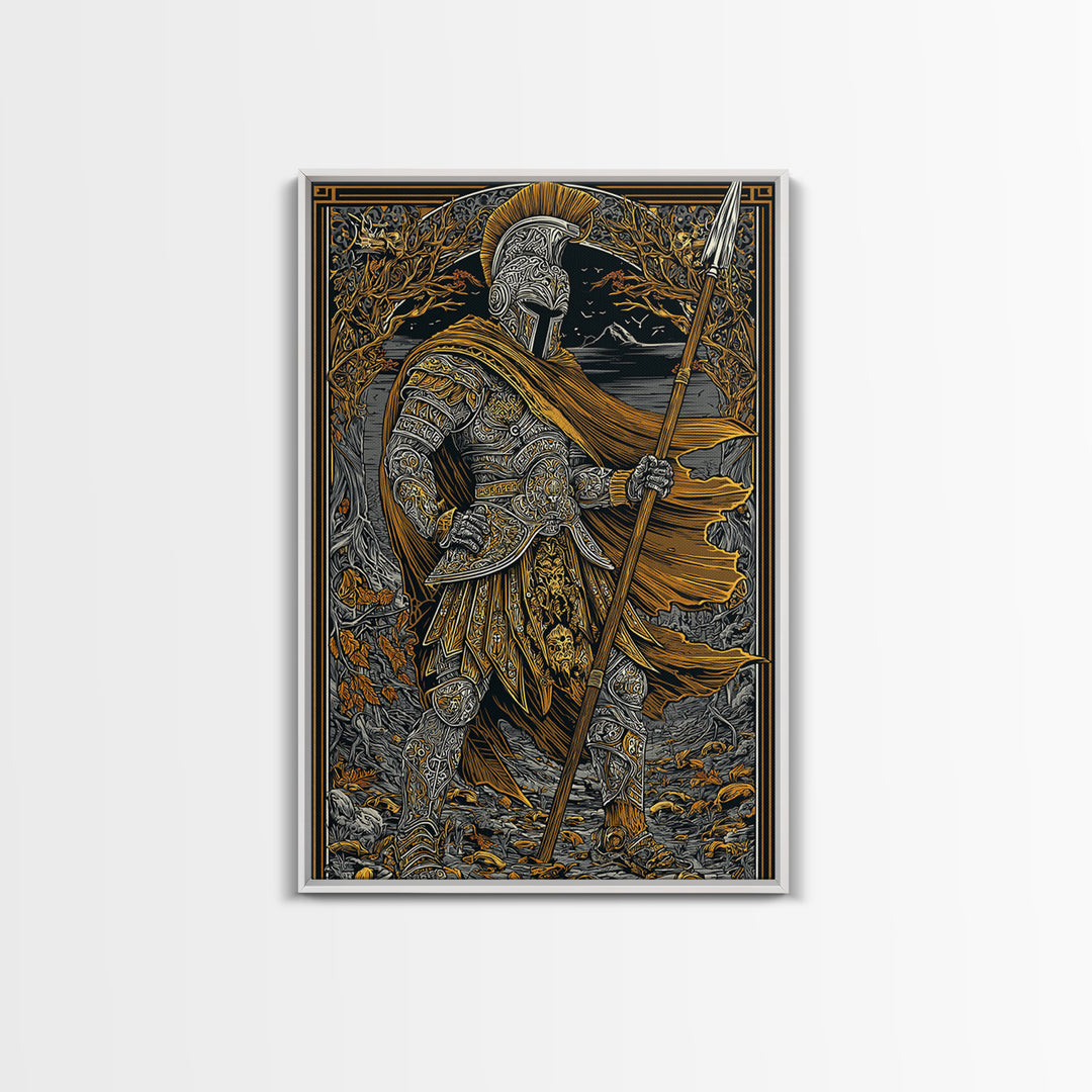 Ancient Hero Canvas Gold Canvas Print, Mythological Warrior Art, Classical Armor Wall Decor, Fantasy Epic Artwork Real Wood Frame