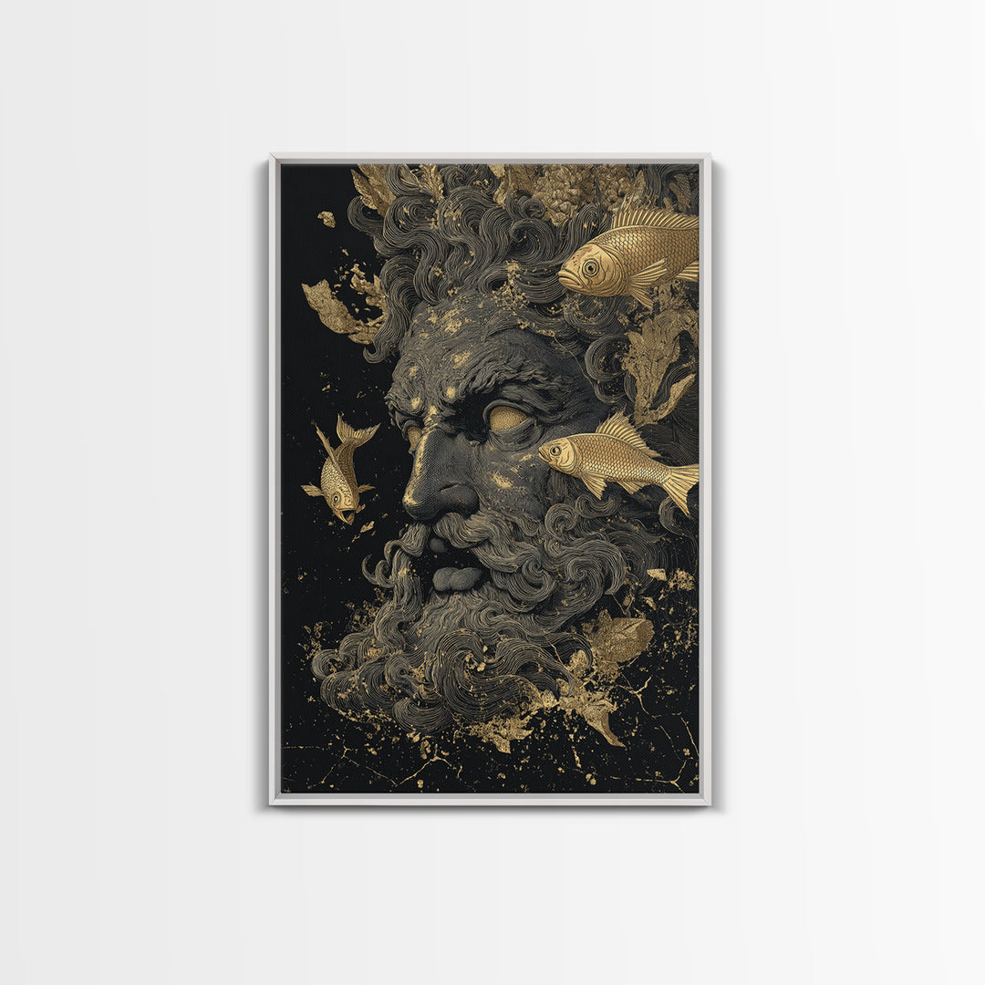 Ocean God Oceanus Canvas Gold Canvas Print, Greek Mythology Sea Deity Art, Real Wood Frame, Elegant Nautical Wall Decor