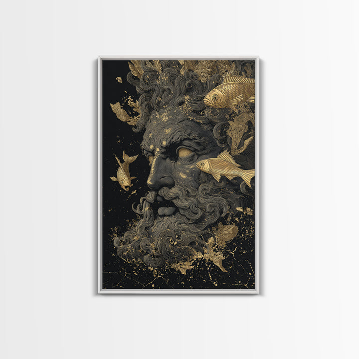 Ocean God Oceanus Canvas Gold Canvas Print, Greek Mythology Sea Deity Art, Real Wood Frame, Elegant Nautical Wall Decor