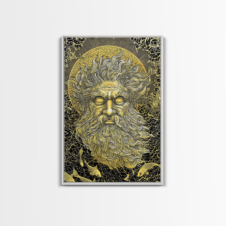 Ancient Sea God Oceanus Canvas Gold Art, Mythological Wall Print, Real Wood Frame, Classical Maritime Inspired Home Decor