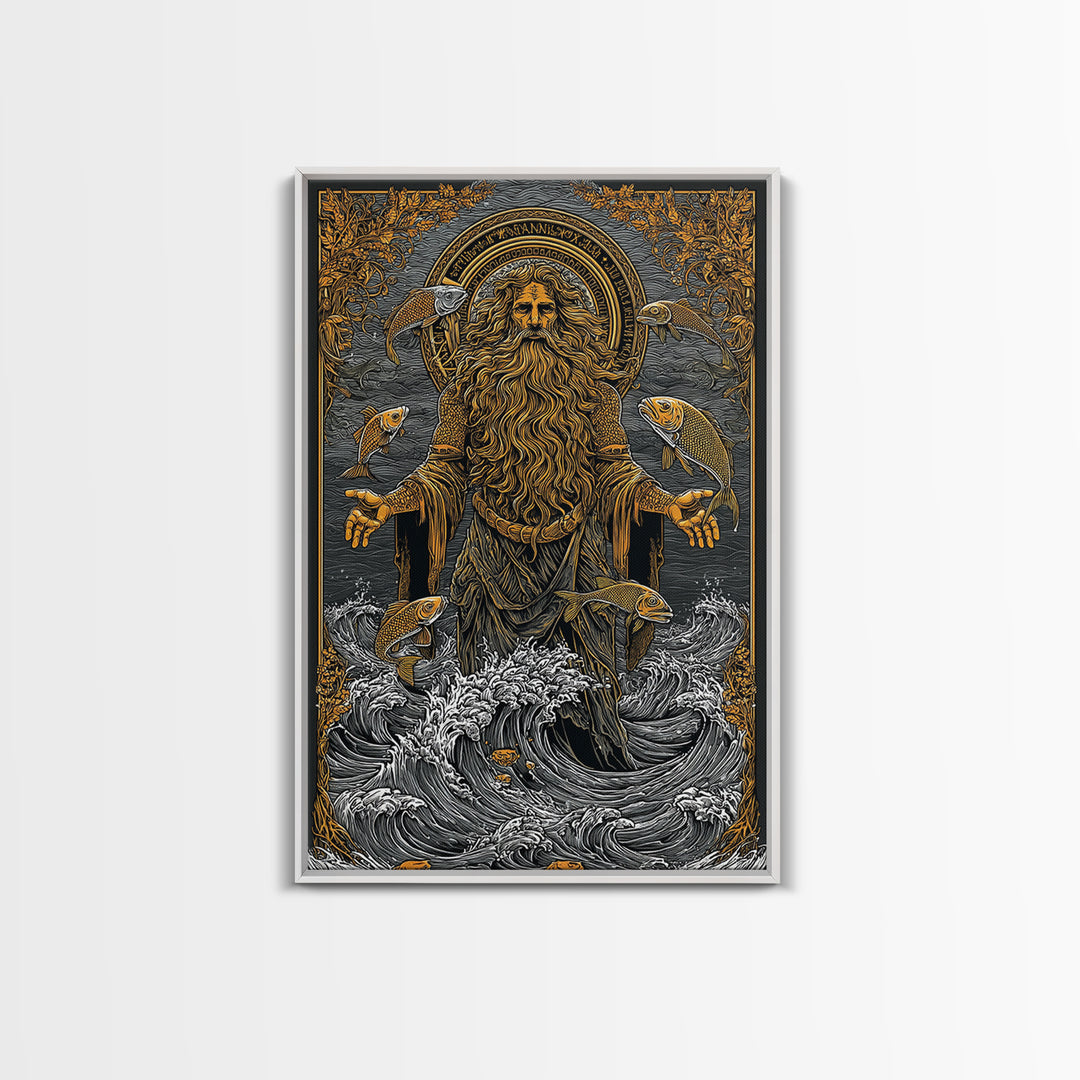 Powerful Titan Oceanus Canvas Gold Canvas Print, Greek Mythology Wall Art, Real Wood Frame, Luxury Ocean Inspired Home Accent
