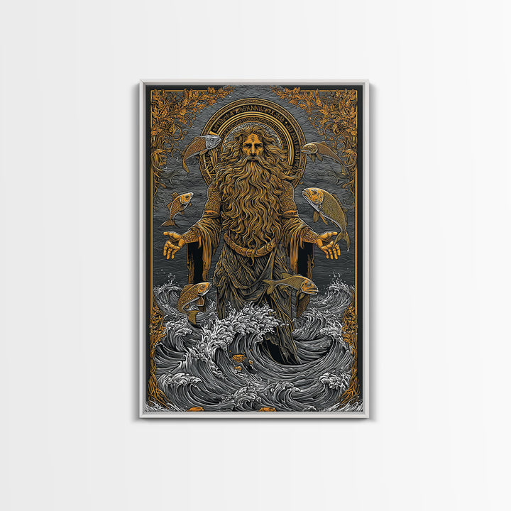 Powerful Titan Oceanus Canvas Gold Canvas Print, Greek Mythology Wall Art, Real Wood Frame, Luxury Ocean Inspired Home Accent