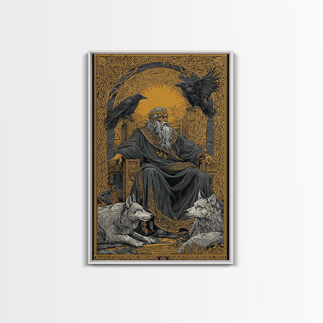 Odin Allfather Canvas Gold Canvas Print, Viking Mythology Wall Art, Real Wood Frame, Norse Legend Inspired Decor For Home