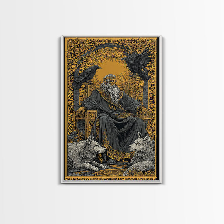 Odin Allfather Canvas Gold Canvas Print, Viking Mythology Wall Art, Real Wood Frame, Norse Legend Inspired Decor For Home